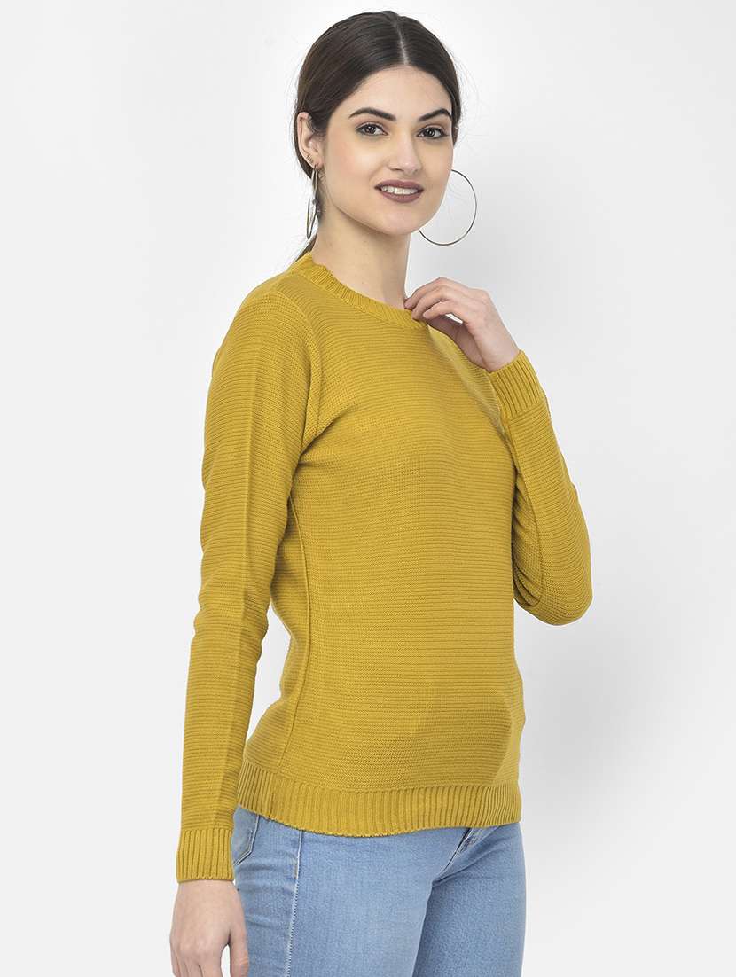 women yellow self design long sleeve pullover - 20301934 - Standard Image - 1