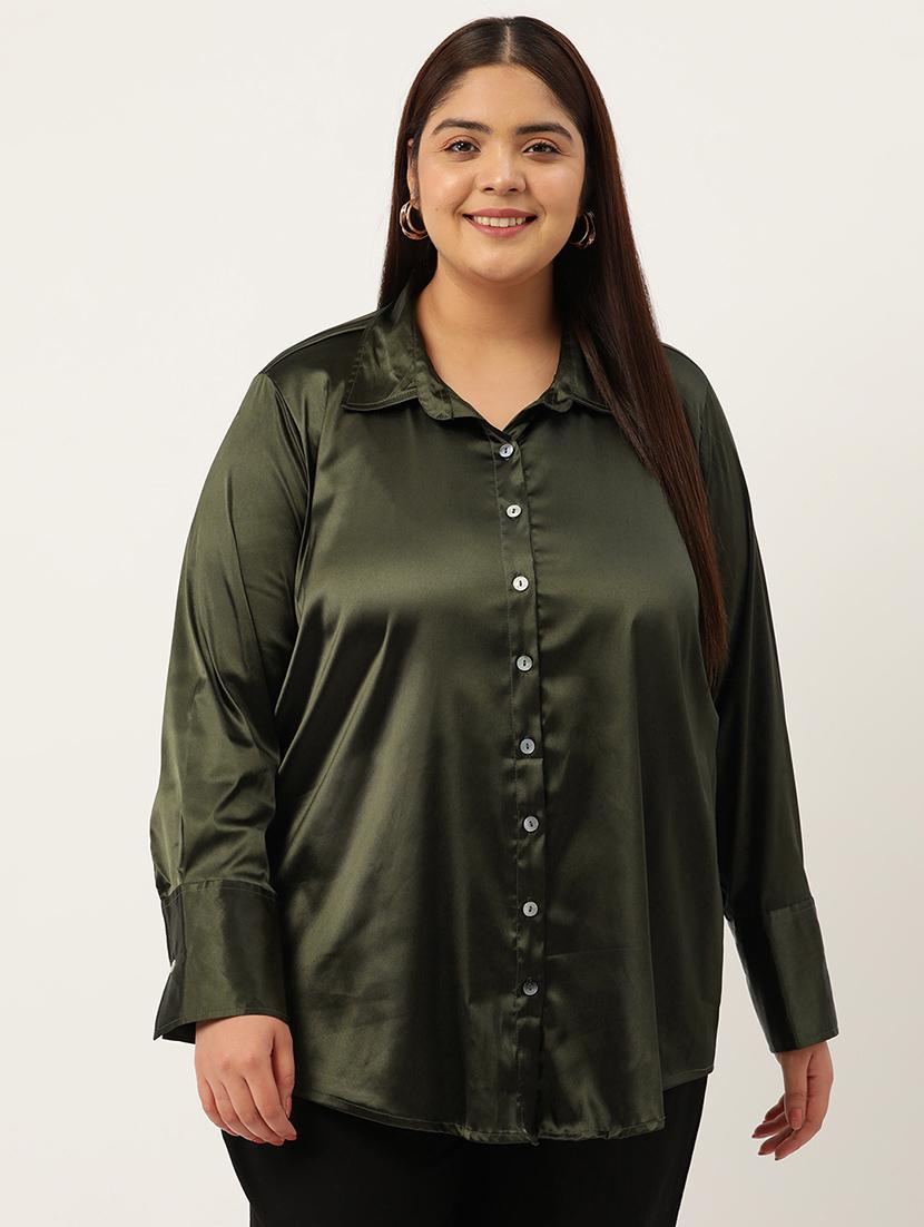 olive satin plus shirt - 20302536 -  Zoom Image - 0