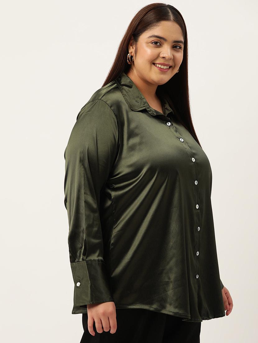 olive satin plus shirt - 20302536 -  Standard Image - 1