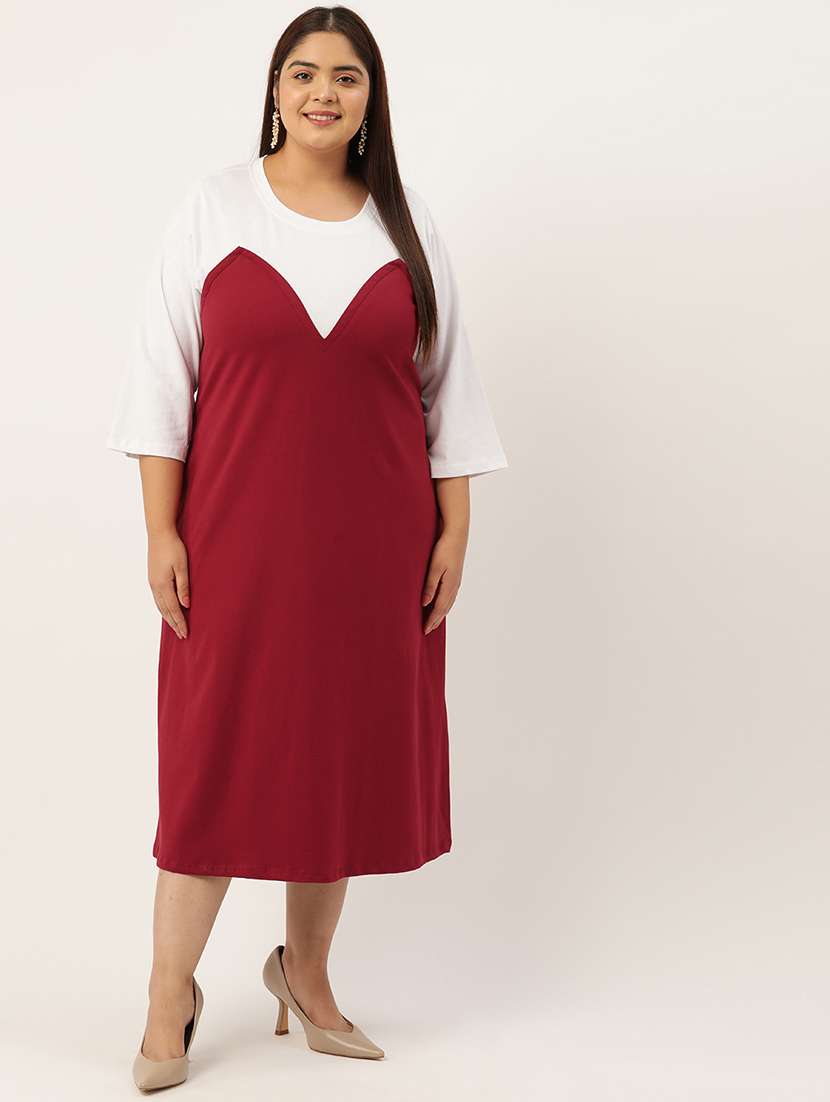 plus size womens maroon & white color block dress