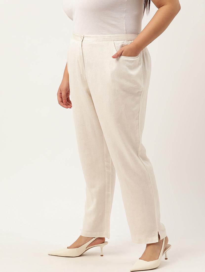 off white linen flat front trousers - 20302760 - Standard Image - 1