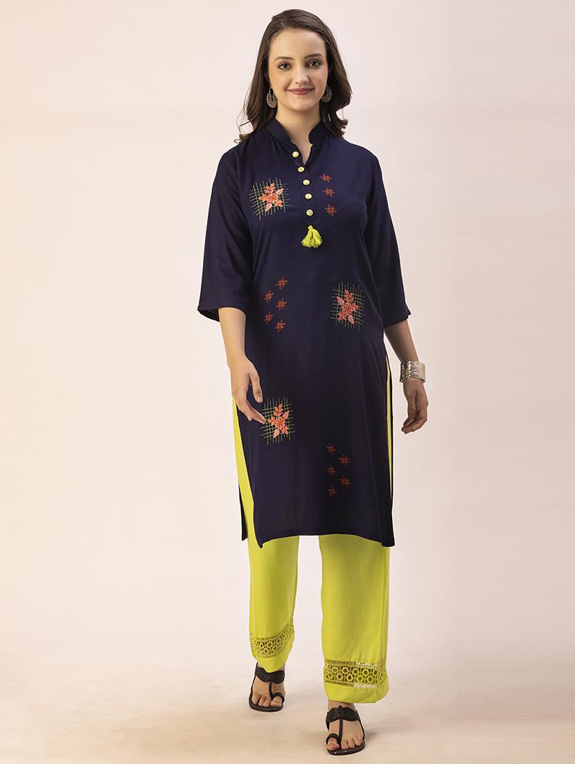 women navy blue mandarin neck straight kurta - 20303751 - Zoom Image - 0