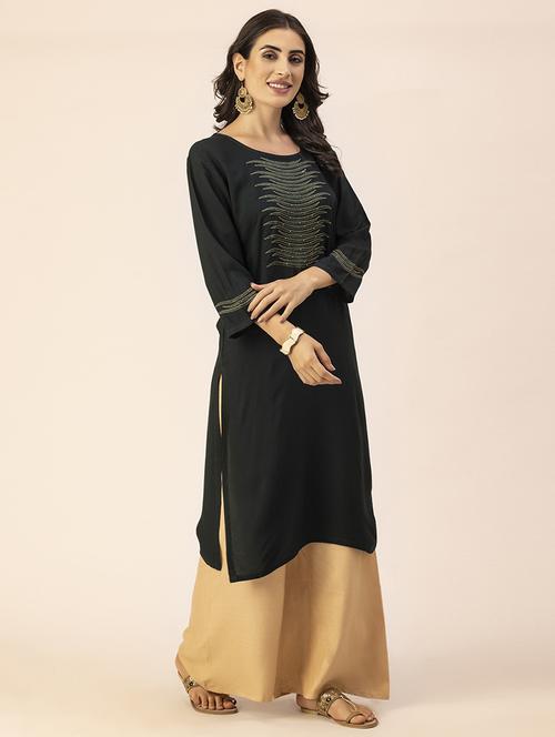 women bottle green round neck straight kurta - 20303754 -  Standard Image - 0