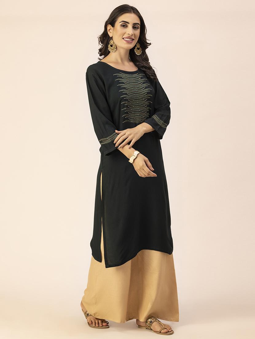 women bottle green round neck straight kurta - 20303754 -  Zoom Image - 0