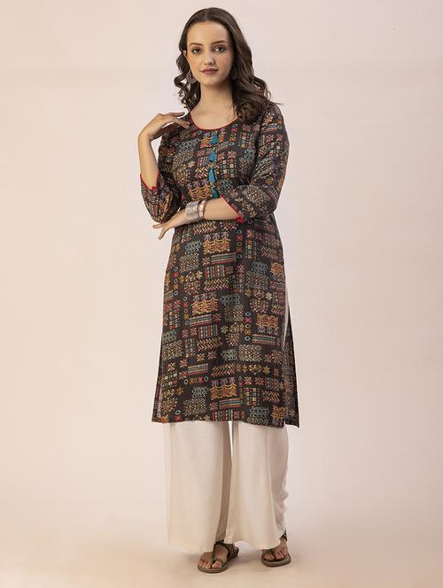 women grey round neck straight kurta - 20303768 -  Standard Image - 0
