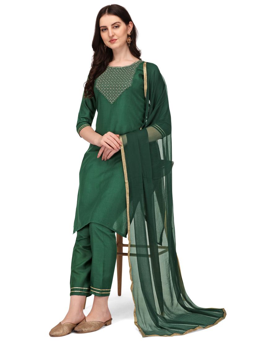 bottle green colored kurta dupatta set - 20304885 - Standard Image - 1