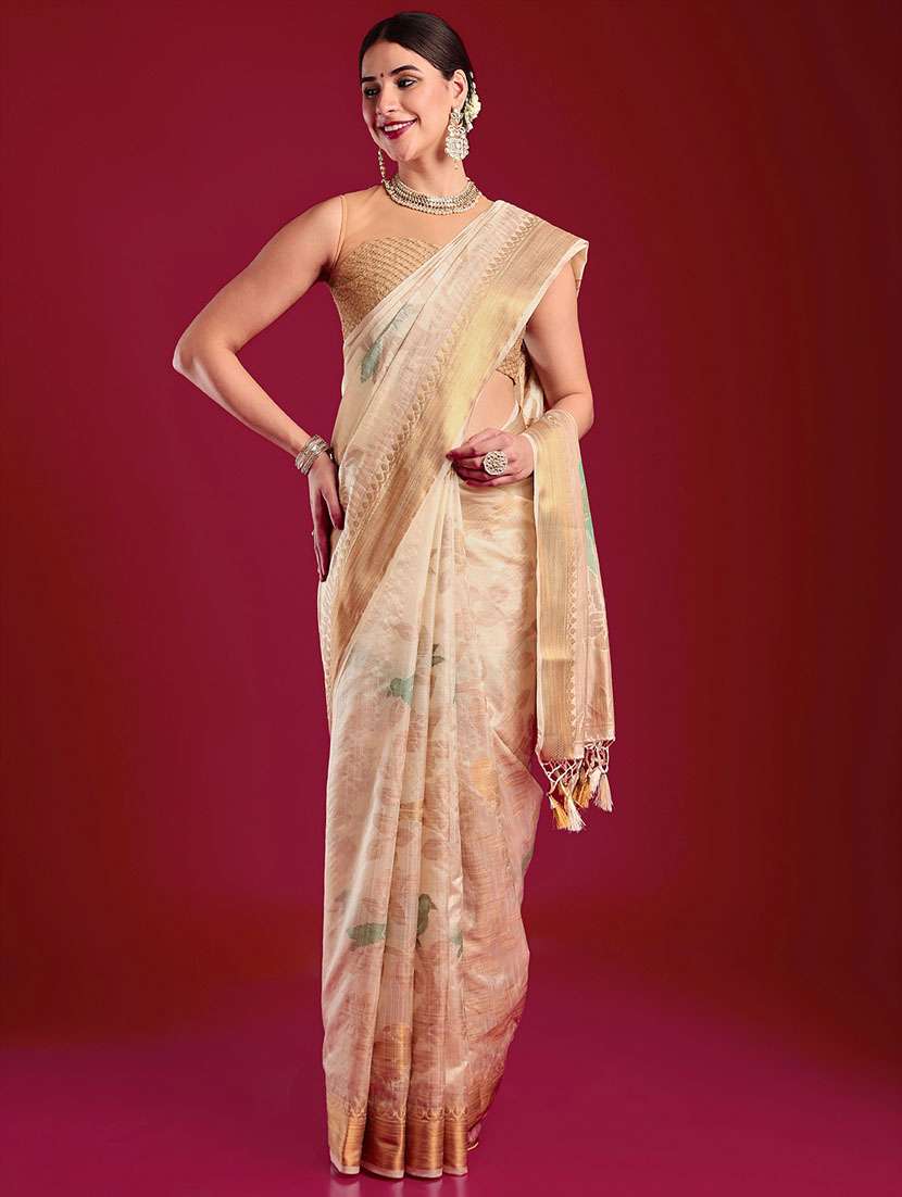 women's self design beige colored saree with blouse