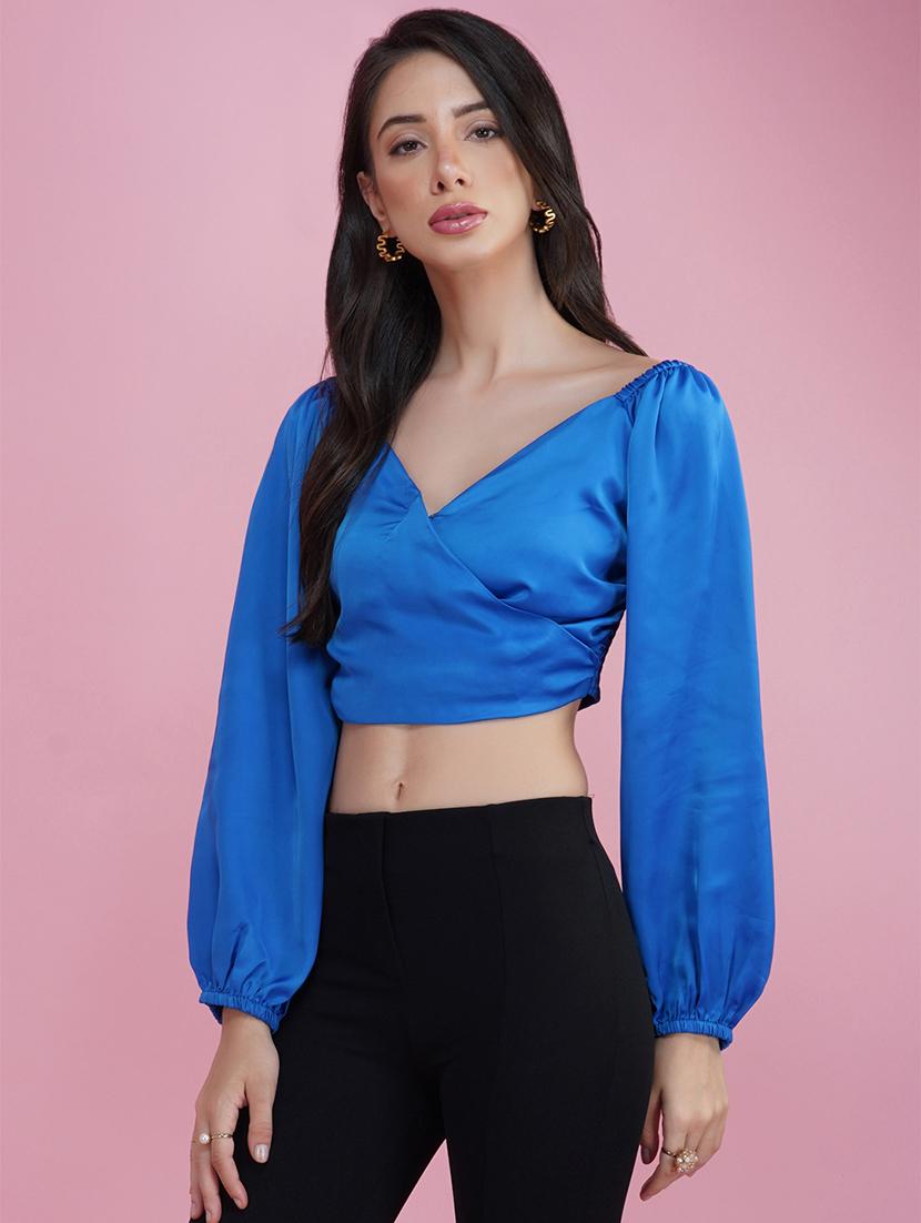 blue solid puff sleeves wrap top - 20305174 - Standard Image - 1