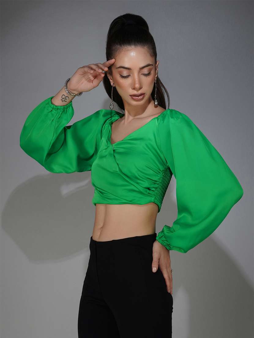 green solid puff sleeves wrap top - 20305175 -  Standard Image - 1
