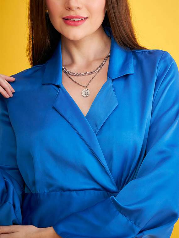 blue solid lapel neck shift dress - 20305517 -  Standard Image - 4