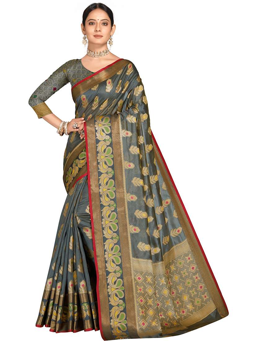 women's self design grey colored saree with blouse
