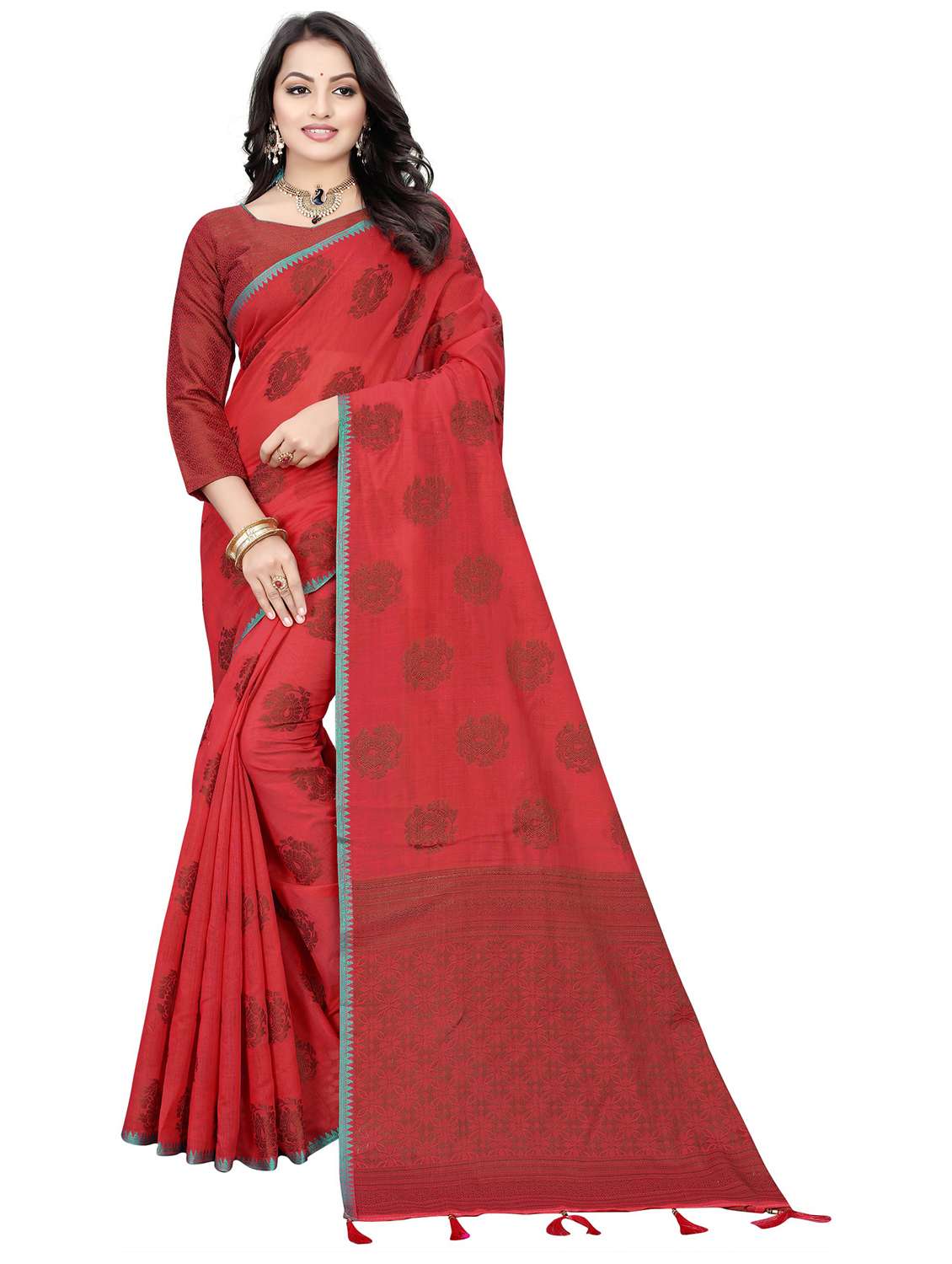 women's printed red colored saree with blouse