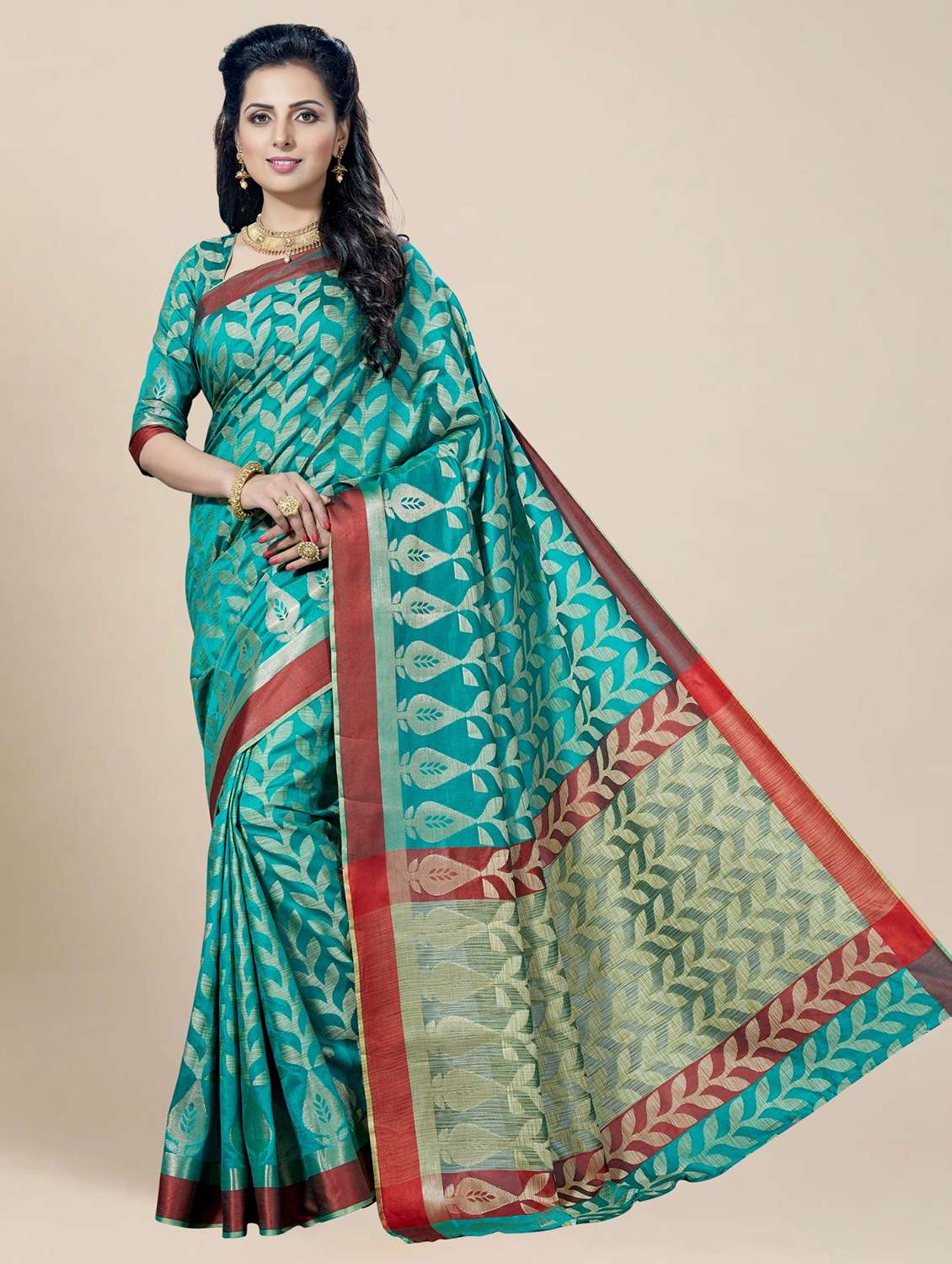 women's self design sea green colored saree with blouse