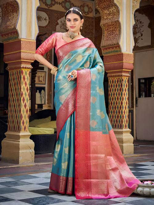 women's self design turquoise colored saree with blouse - 20306305 -  Standard Image - 0