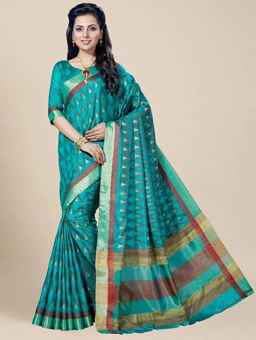 women's geometric aqua blue colored saree with blouse - 20306430 - Standard Image - 0