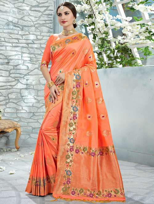 women's self design peach colored saree with blouse - 20306540 -  Standard Image - 0