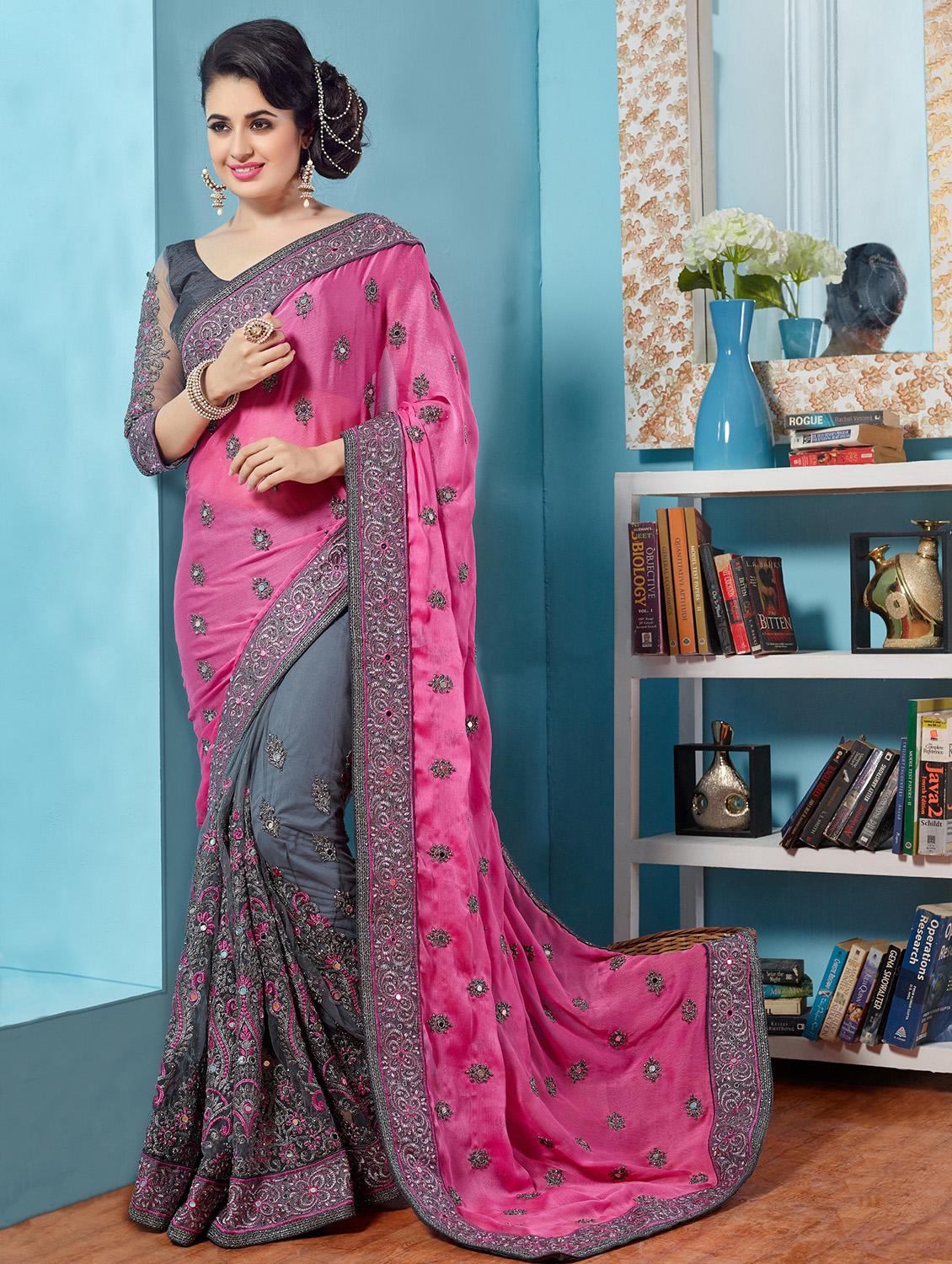 women's solid with work multi colored saree with blouse - 20306843 - Zoom Image - 0