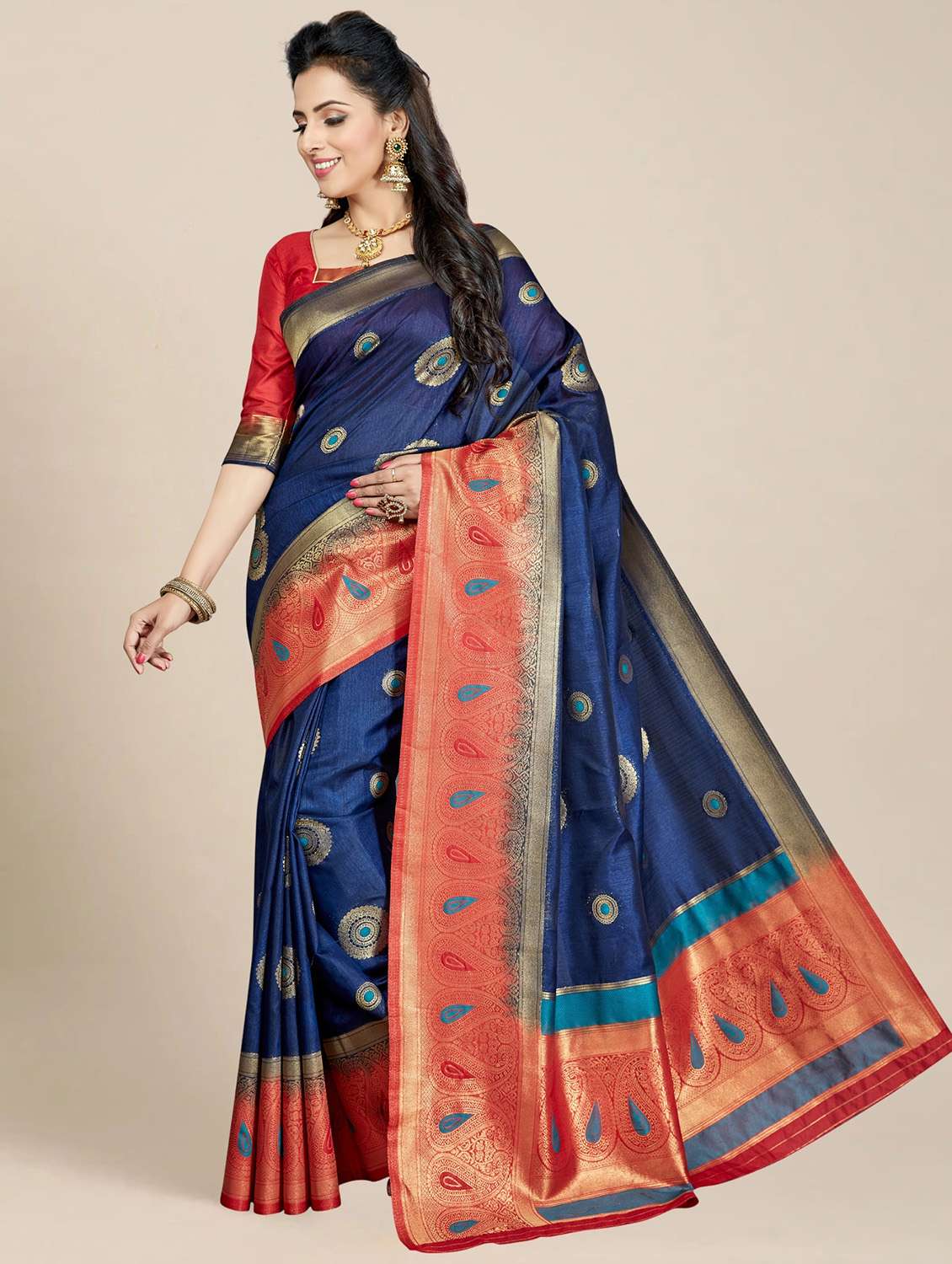women's self design navy blue colored saree with blouse