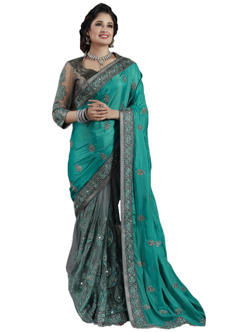 women's solid with work teal colored saree with blouse - 20307093 - Standard Image - 0