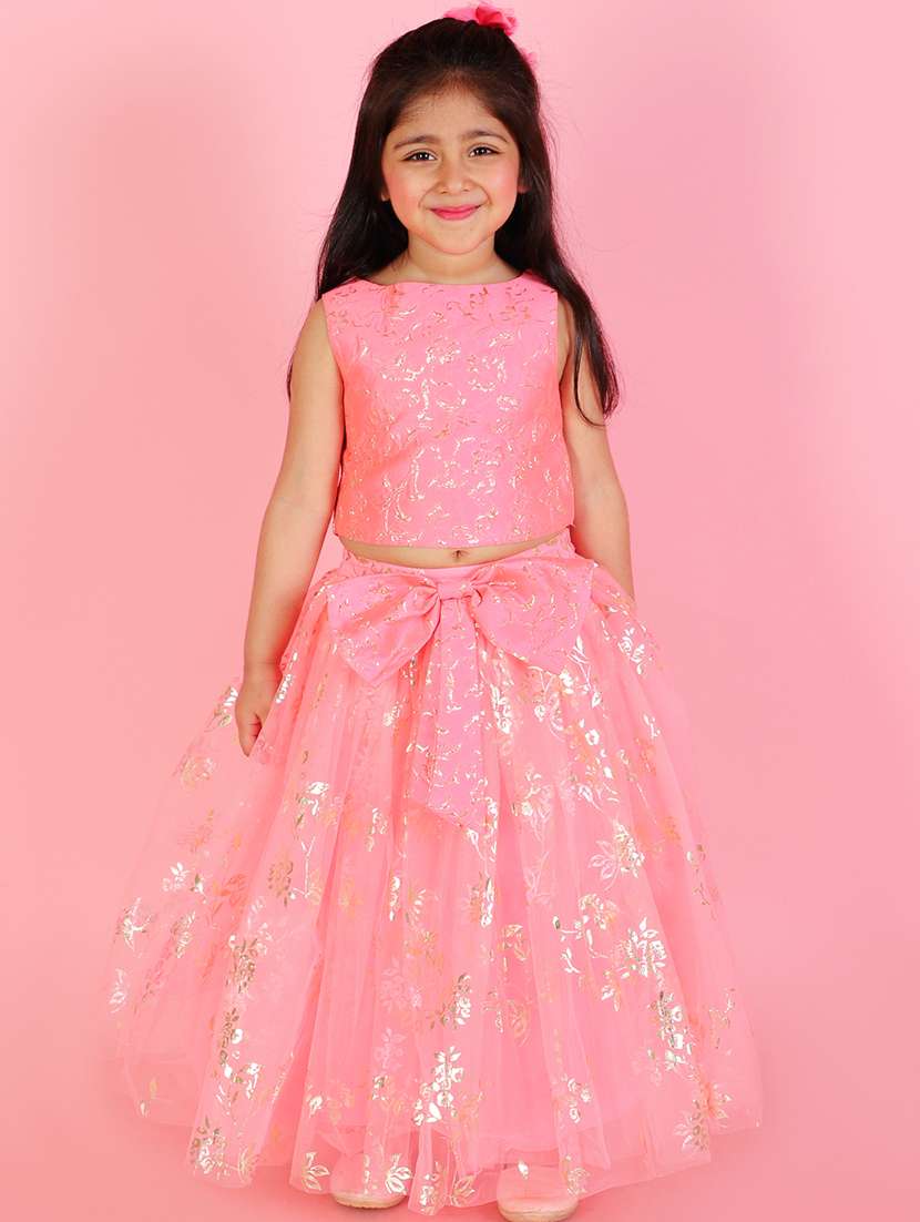 kids pink brocade work polyester lehenga choli
