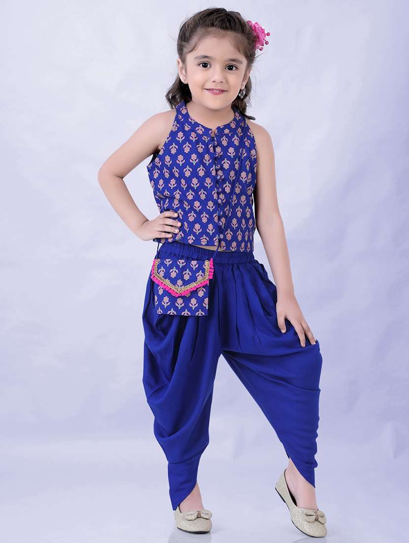 kids blue floral polyester twin sets suit set