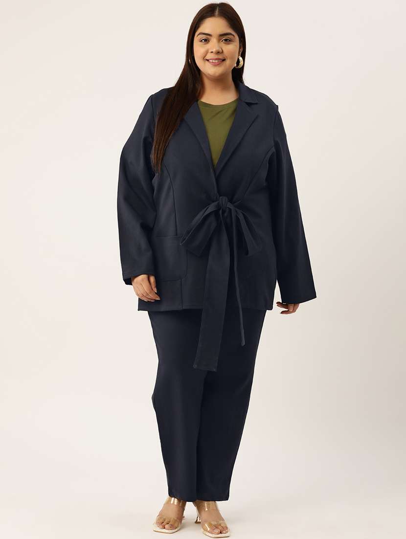 navy blue solid blazer and trousers co-ord set