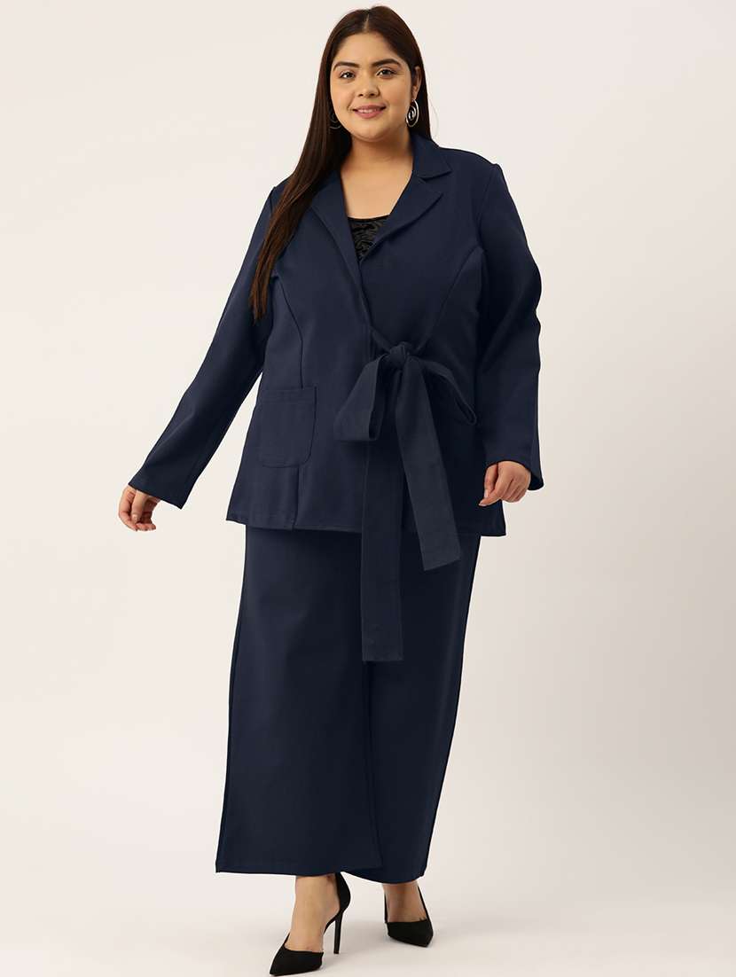 navy blue solid blazer and trousers co-ord set
