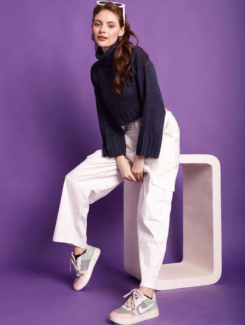 navy blue ribbed crop pullover - 20307977 -  Standard Image - 4