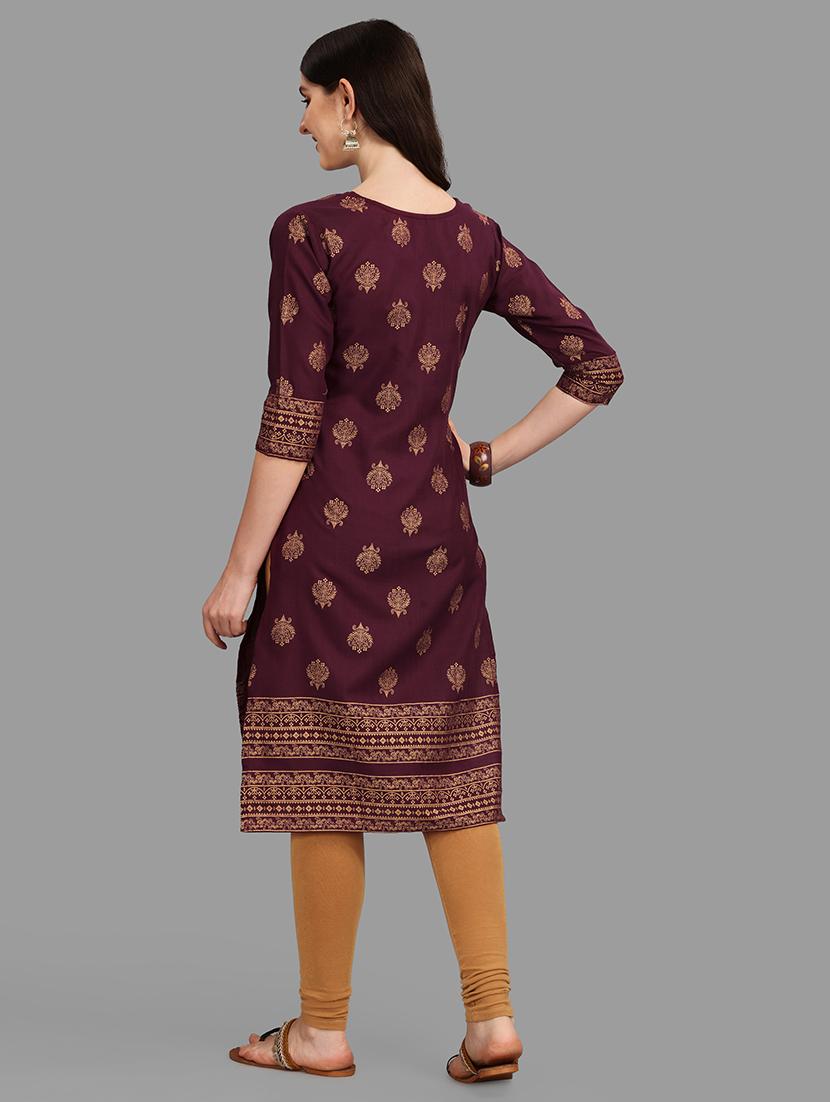burgundy v neck straight kurta - 20308128 -  Standard Image - 1