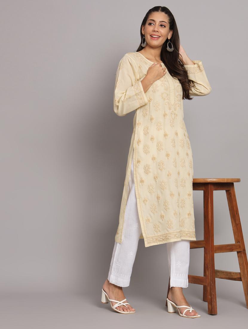 beige colored straight kurta - 20308624 - Standard Image - 4