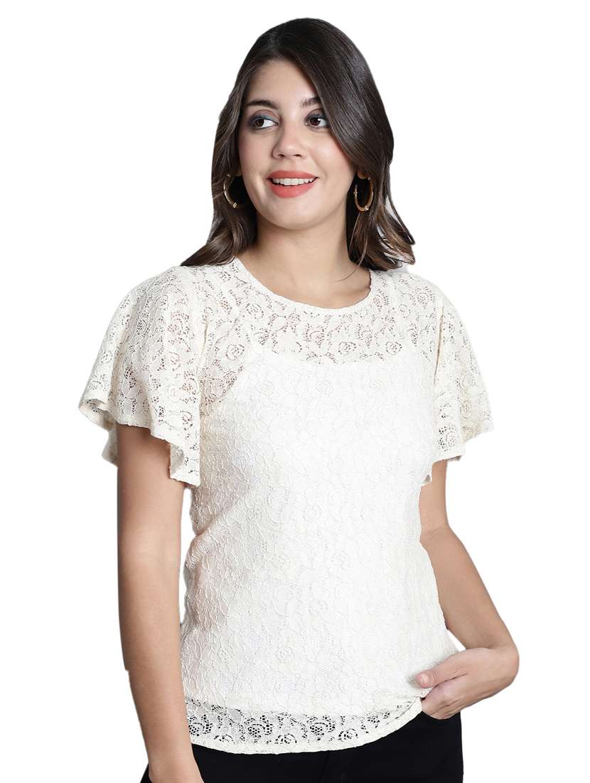 women's white regular fit straight round neck top