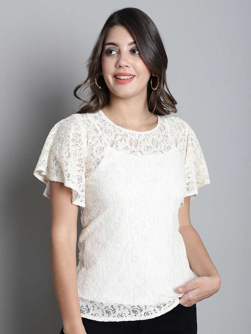 women's white regular fit straight round neck top - 20309374 -  Standard Image - 1