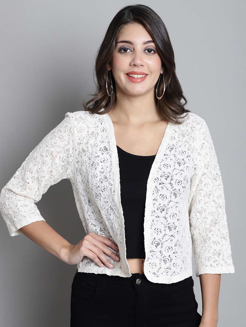 women off white crochet shrug
