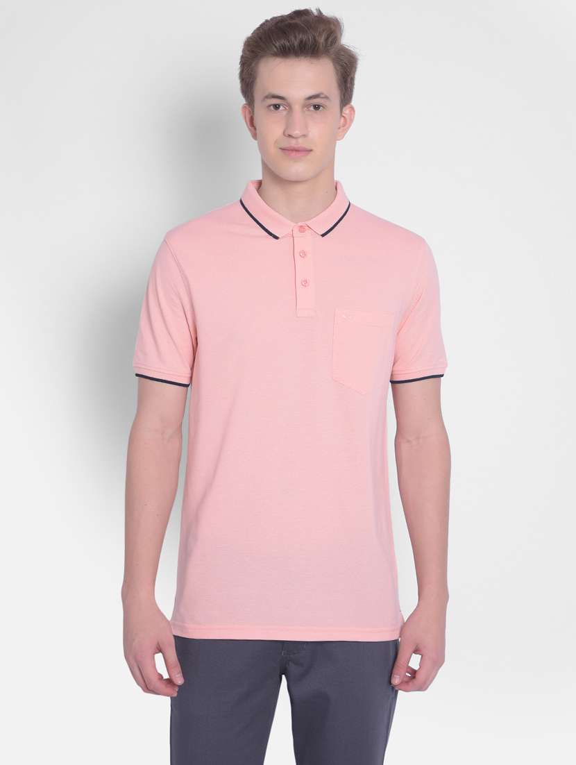 men pink solid polo neck t-shirt