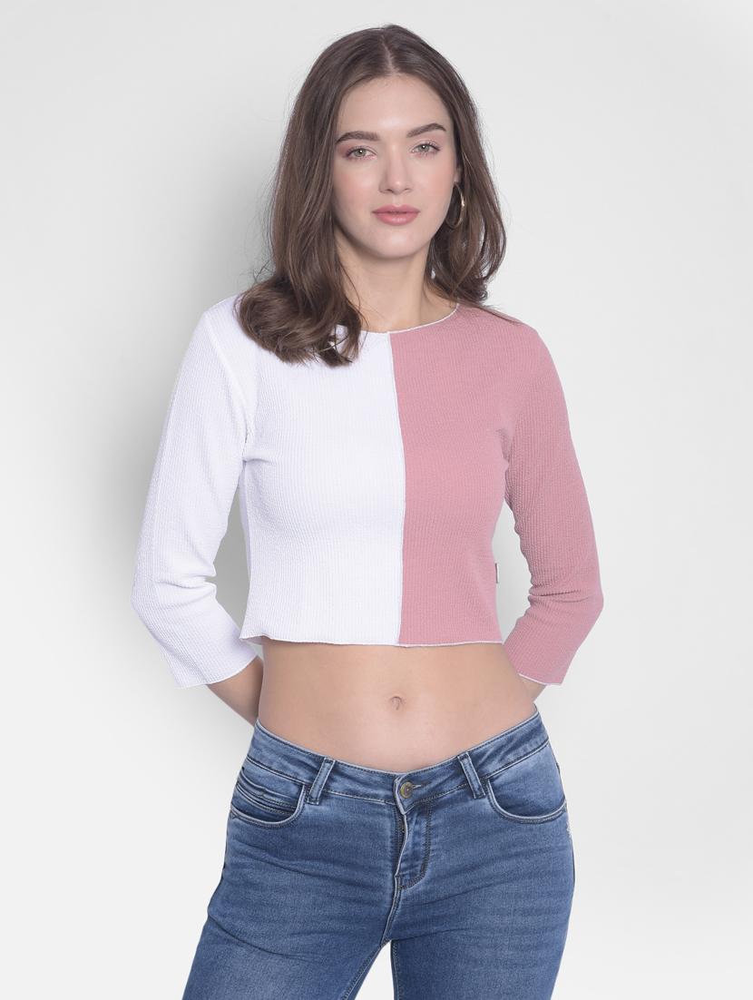 pink & white color blocked round neck crop top - 20311101 - Zoom Image - 0