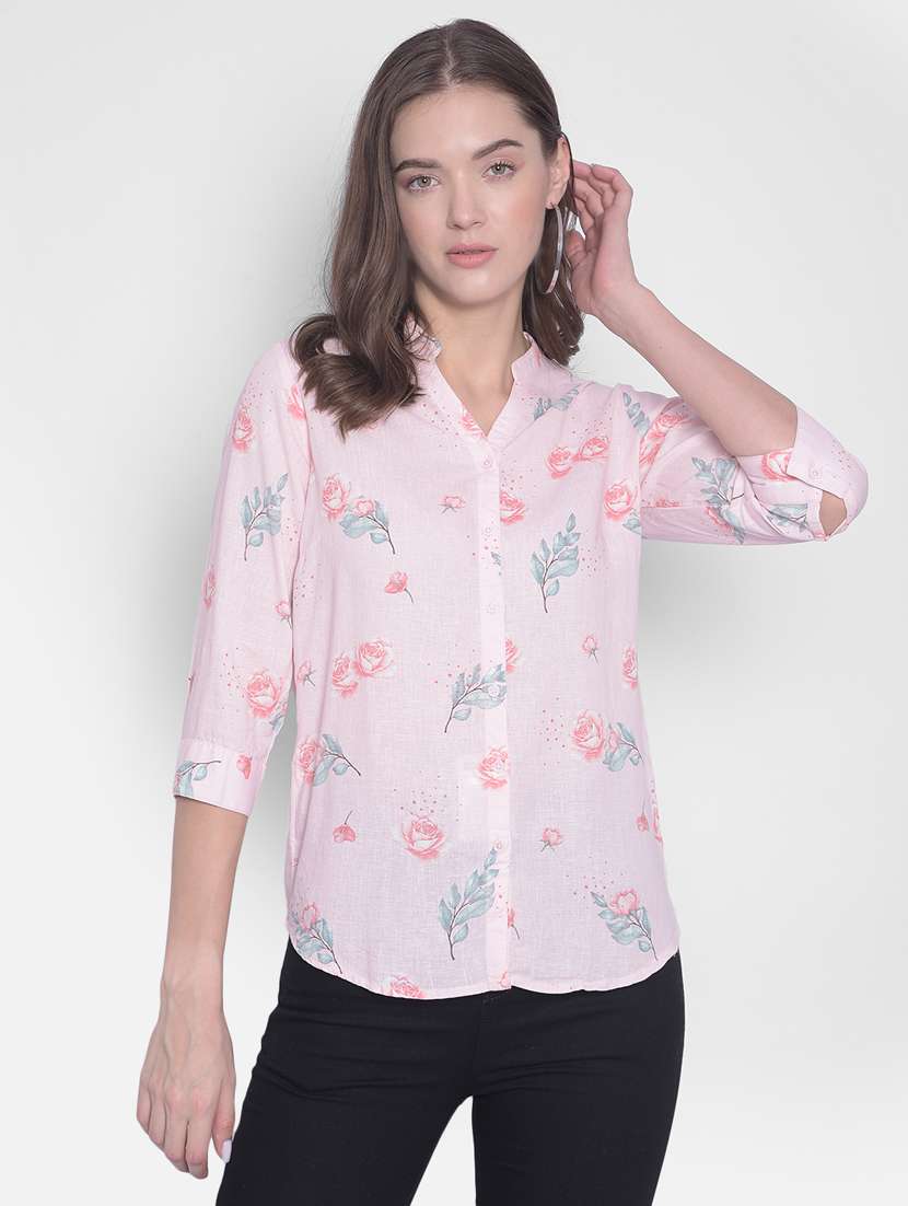 pink floral print mandarin neck shirt