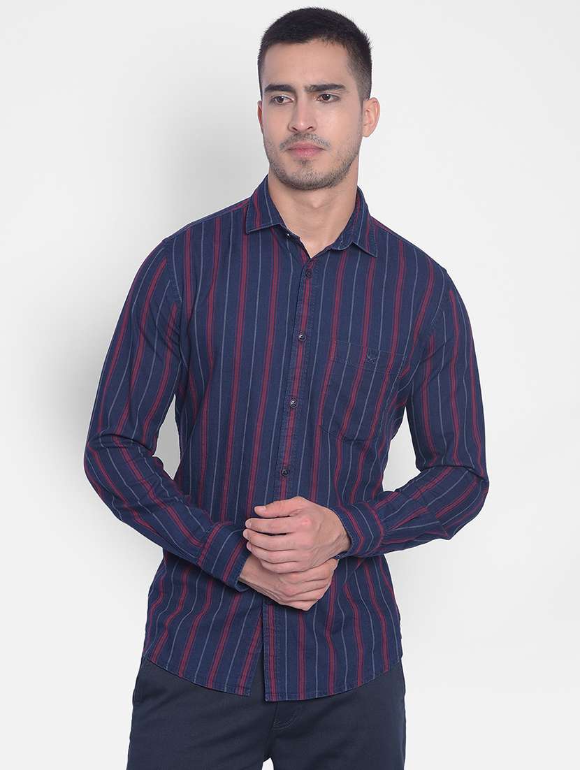 men navy blue stripes cotton blend casual shirt