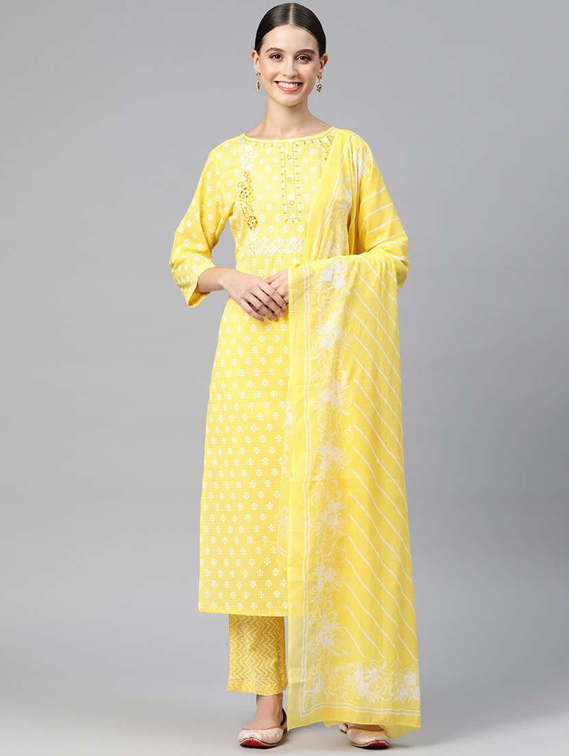 yellow colored kurta pant set