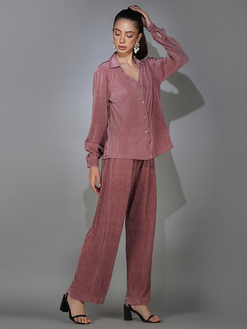 pink solid shirt and trouser co-ord set - 20316135 - Standard Image - 1