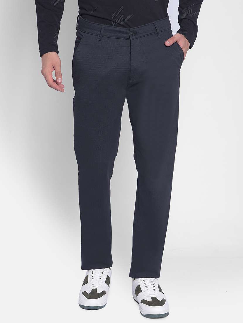 men navy blue checkered cotton blend flat front casual trouser