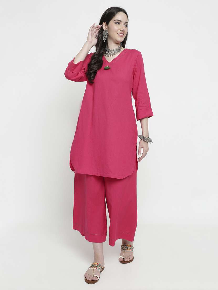 pink solid v-neck co-ord set