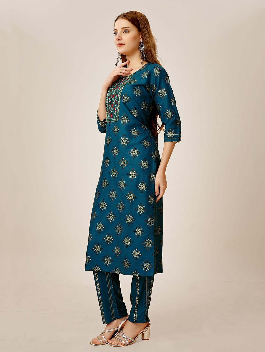 women blue round neck kurta pant set - 20317891 -  Standard Image - 1