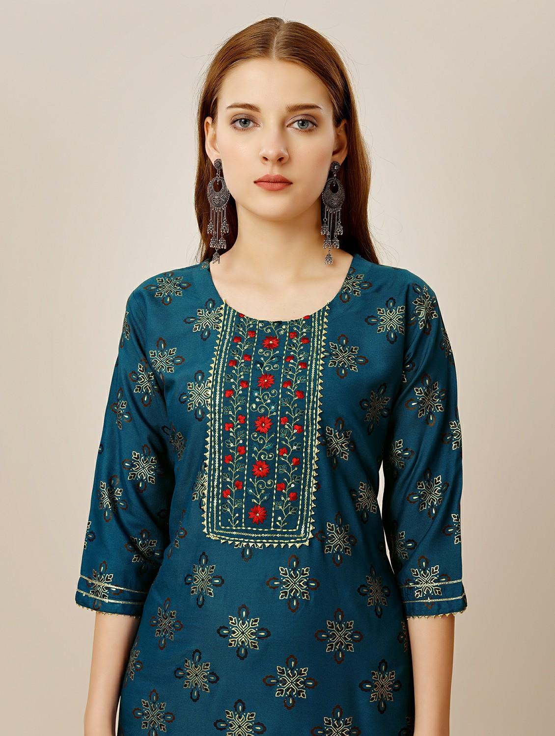 women blue round neck kurta pant set - 20317891 - Standard Image - 4