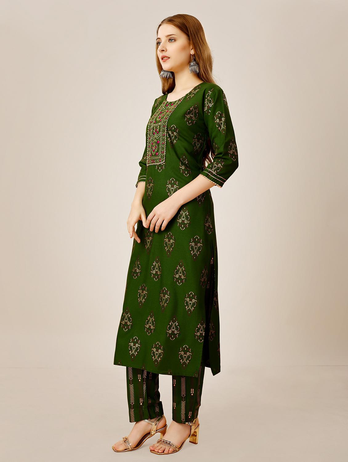 women green round neck kurta pant set - 20317892 -  Standard Image - 1