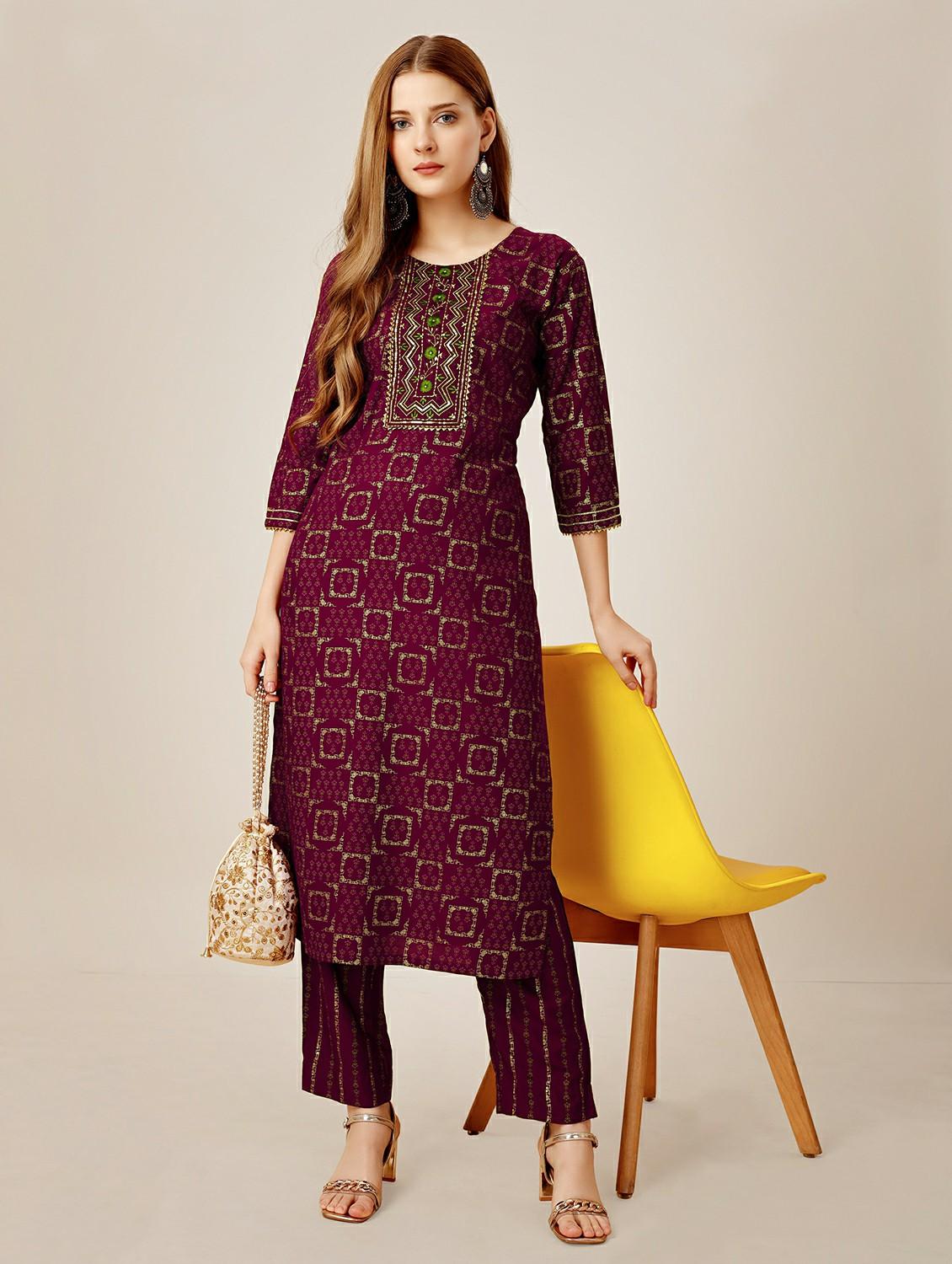 women purrple round neck kurta pant set - 20317893 - Standard Image - 1
