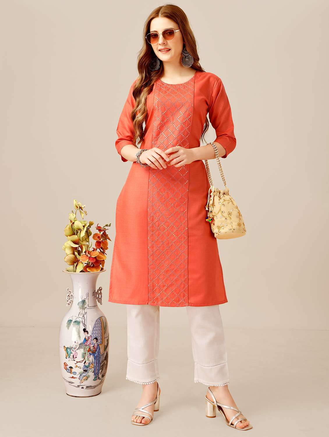 women orange round neck kurta pant set - 20317894 -  Standard Image - 1