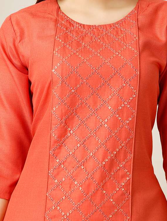 women orange round neck kurta pant set - 20317894 -  Standard Image - 6
