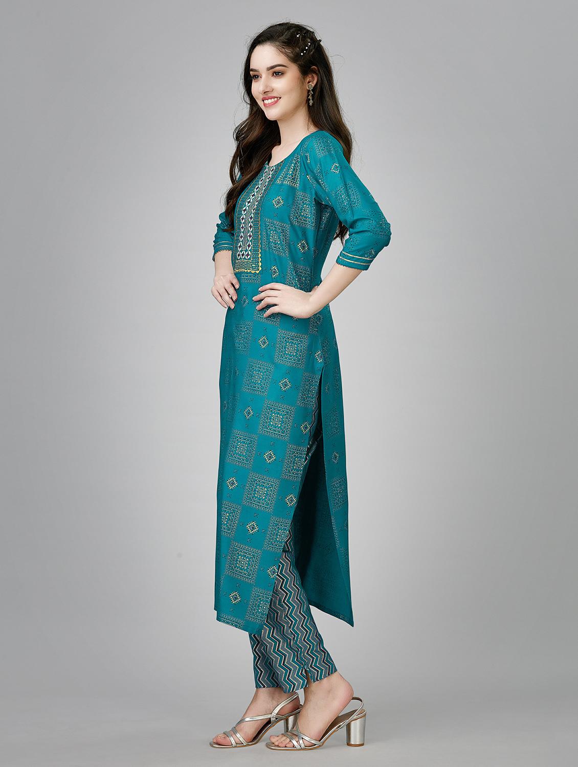 women teal round neck kurta pant set - 20317900 - Standard Image - 1