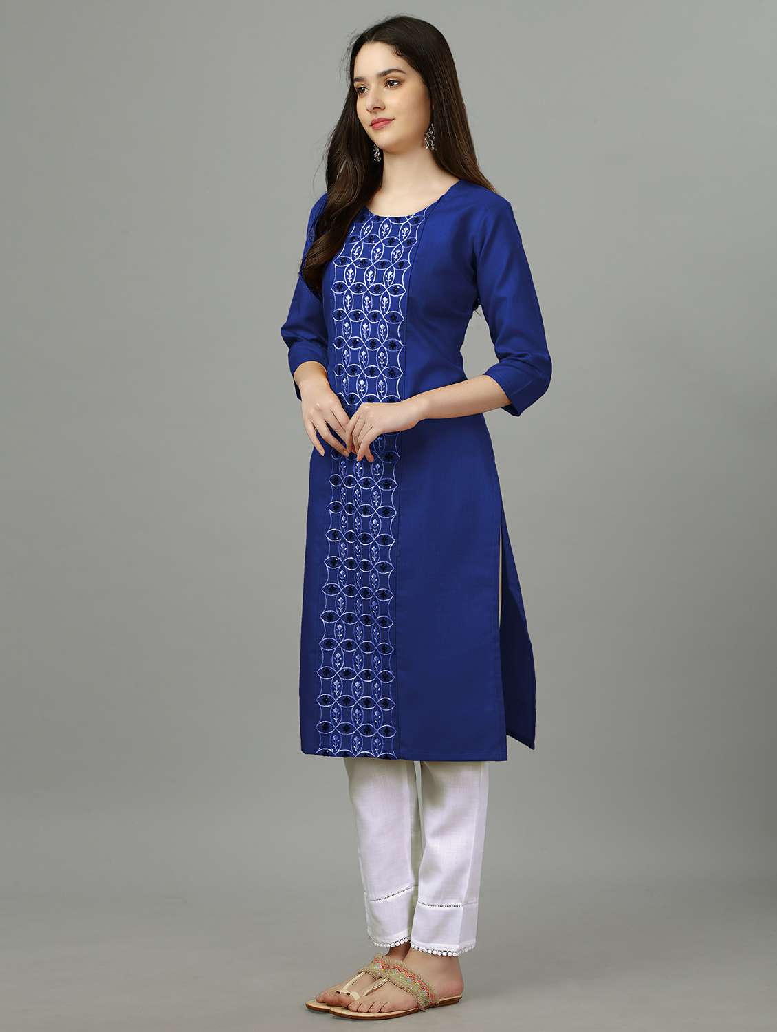 women blue round neck straight kurta - 20317906 -  Standard Image - 1