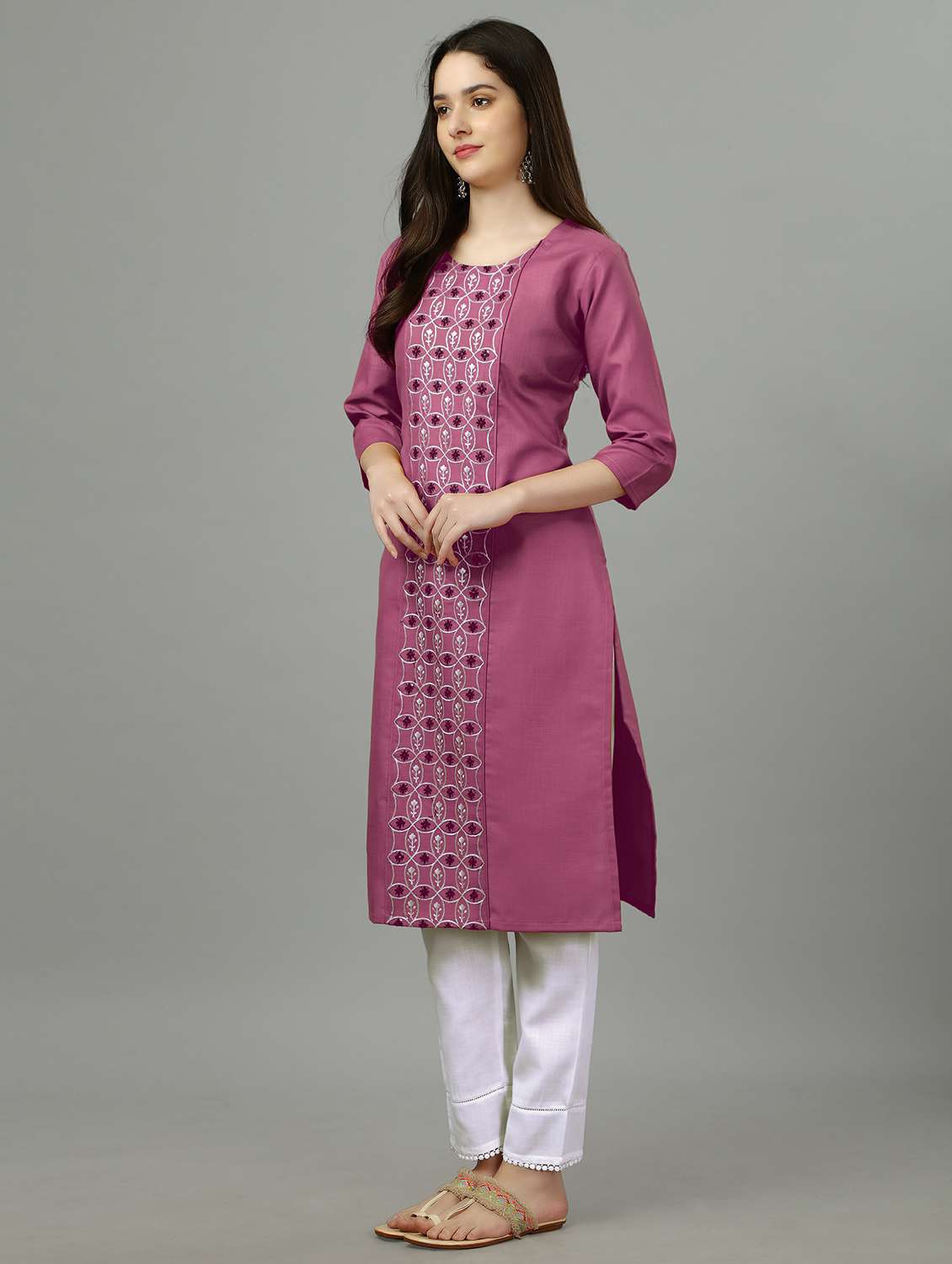 women mauve round neck straight kurta - 20317907 -  Standard Image - 1